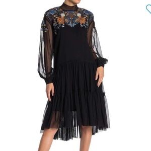 Free People Black Mesh Floral Embroidered Dress